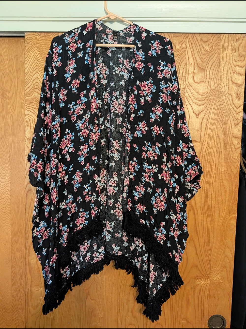 Black Floral Fringe Kimono - Pink & Blue Flowers